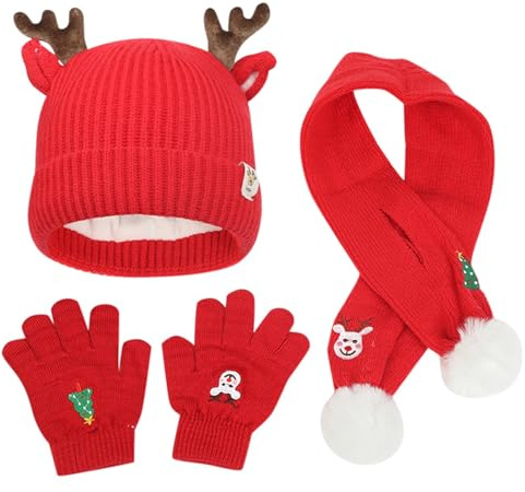 Generisch Lot de 3 bonnets pour enfants, écharpes, gants, écharpe à poils, ensemble mignon de Noël pour bébé, rouge, taille unique