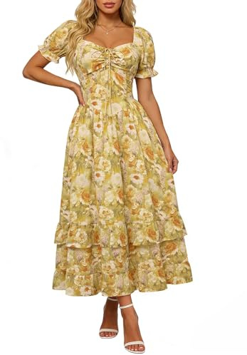 Scarlet DARKNESS Viktorianska klänningar för kvinnor blommig kortärmad veckad fåll sommar lång boho-klänning, Gul och vit blommig, XXL