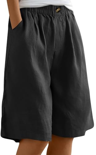 Olasfa Short Femme Ete Long Large en Coton Décontracté Bermuda Femme Long Taille Élastique avec Poches Short de Plage Jambes Larges