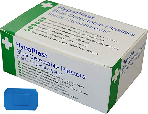 Safety First Aid HypaPlast Pack of 100 Metal Detectable Plasters | 7.2cm x 5cm - Blue Sterile and Hypoallergenic Plasters for Catering