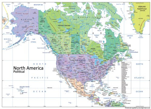 América del Norte mapa político – Papel laminado – A0 tamaño 84,1 x 118.9 cm