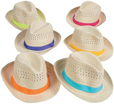 Fun Express Bulk Fedora Hats 12 Pack - Colorful Straw Party Hats for Adults & Kids | Fiesta Party Decorations for Cinco De Mayo, Birthday Celebrations & Mexican Theme Events | Assorted Rainbow Colors