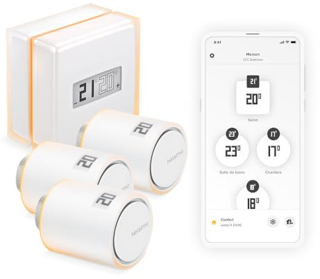 Netatmo Pack Thermostat Intelligent + 3 Têtes Thermostatique Connectées et Intelligentes, WiFi, Contrôle à Distance Via Application, Compatible avec Chauffage Individuel, NBU-NTH-NAV-EU