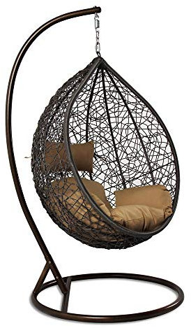 DEKO VERTRIEB BAYERN Luxus Premium Rattan Hängesessel Set Hängekorb Polyrattan Hängestuhl Hängeschaukel inkl. Rücken-und Sitzkissen