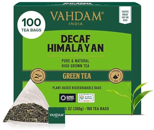 VAHDAM Thé Vert Décaféiné Himalaya | 100 Sachets Pyramide | Sans Caféine | Thé Vert Premium de l’Inde | Feuilles Naturelles | Thé en Altitude | Conditionné en Inde