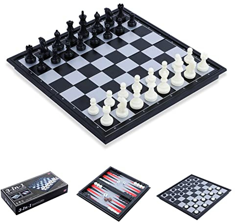 3-i-1 Magnetiskt schackspel, damspel, backgammon, vikbart schackbräde, schackbräde, schackbräde, pedagogiska sajer, presenter till barn jul, nyår (25 cm)