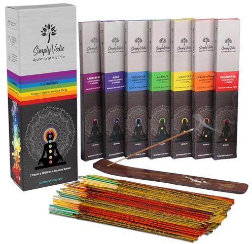 Simply Vedic 7 Chakra Bastoncini di incenso Premium Agarbatti con 7 Chakra per meditazione, Yoga, Reiki, Guarigione (Confezione da 20 bastoncini x 7 varianti)