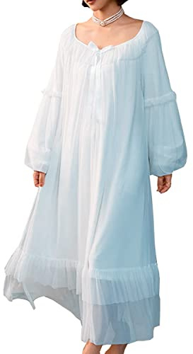 SINGINGQWEEN - Camicia da Notte Vintage in Stile Vittoriano da Donna, a Maniche Lunghe, Abbigliamento da Notte e da casa, Blu, Small
