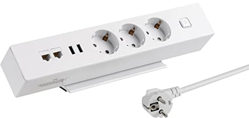 maxtrack Tischsteckdose NV63L 3-Fach Schutzkontakt mit 2X USB und 2X LAN Anschluss, Mehrfachsteckdose für Zuhause mit Tischbefestigung, Knopf zum EIN- und Ausschalten, Steckdosenleiste mit 1,8m Kabel