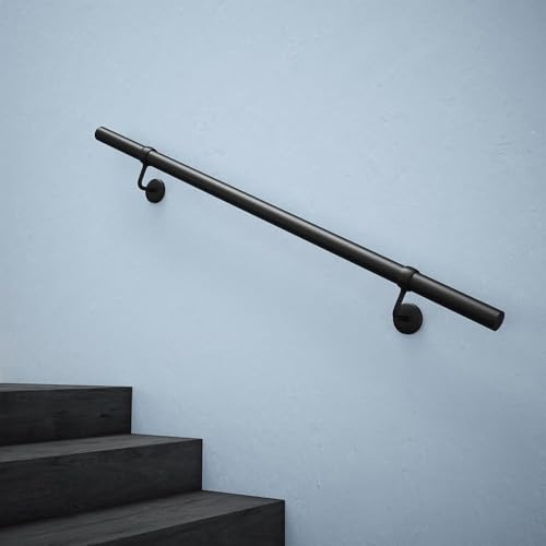 ROTHLEY Pipe Stair Handrail, 3Ft Metal Staircase Handrails Black Powder Coated Steel Hand Rails for Indoor & Outdoor Steps Wall Mount Support 1.6 Round Stair Railing with Zinc Alloy Brackets
