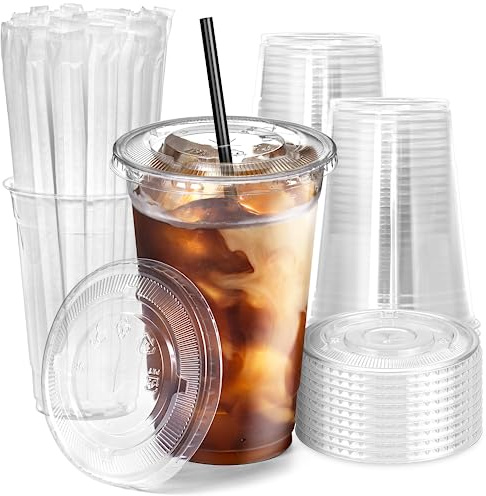 Fit Meal Prep 100 Pack 20 oz Plastic Iced Coffee Cups with Flat Lids and Black Straws, Disposable Clear Cup, BPA Free Cup for Party, Smoothie, Cold Drinks, Juice, Milkshake, Bubble Boba, Tea