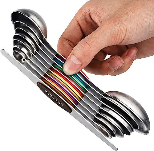 Meal Prep - Magnetic Measuring Spoons Set of 7, Dual Sided Stainless Steel Stackable Teaspoon Tablespoon with Colorful Scale and Leveler.