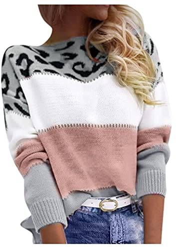 riou Jersey Mujer Invierno Original Cuello Redondo Rayas Suéter Prendas de Punto Manga Larga Cálido Sweater Adolescente Niña Tops Cómodo Elegante Tejido Blusas para Navidad/Diario