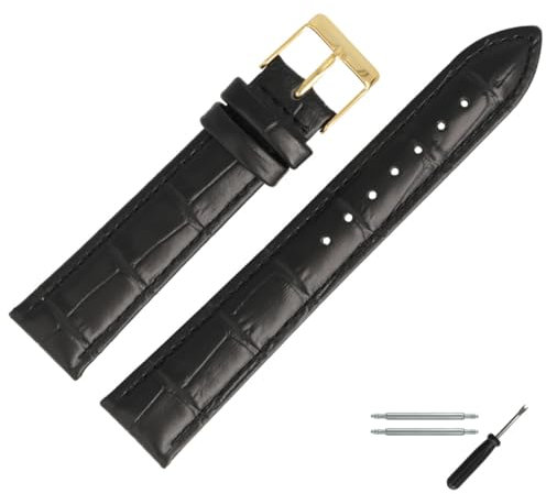 MARBURGER Uhrenarmband 22mm Leder Schwarz Gold Alligator Prägung Mit Naht - Montage Set 2772210000220