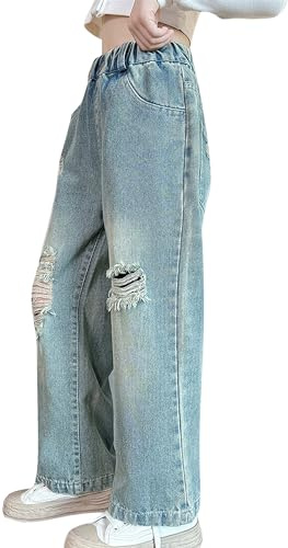 Happy Cherry Jeans Lâche Enfants Filles Pantalons en Denim Mode Déchiré Jeans à Jambes Larges Taille Elastique Jean Décontracté, 11-12 Ans