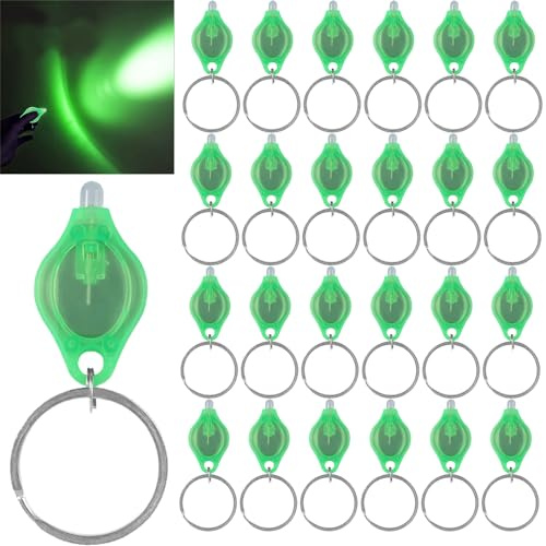 MODOAO Mini LED Keychain Flashlight, 24 Pack Portable Ultra Bright Battery Powered Green Light Torch with Key Ring, for Outdoor Camping Hiking and Emergency Lighting