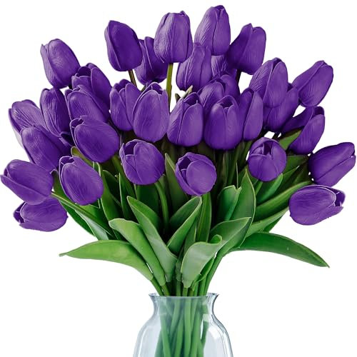 Sggvecsy 30 Pcs Fake Tulips Artificial Flowers Real Touch PU Faux Flowers Tulip Stems for Wedding Spring Bouquet Floral Arrangement Home Party Office Decorations for Mother's Day (Purple)
