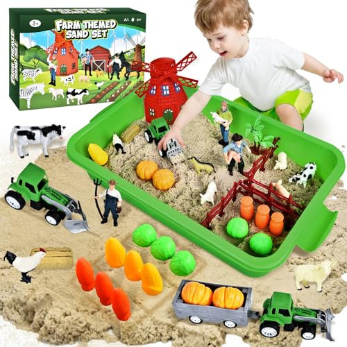 JONRRYIN Sabbia Bambini, Kit di Sabbia Animali Fattoria, Sabbiera Giocattolo con 1 KG Sabbia Magica, Camion Giocattolo, Formine Sabbia, Giochi Sensoriali Regalo per Ragazzi e Ragazze Oltre i 3 Anni