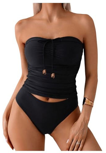 SweatyRocks Women's Swimsuit Ruched Strapless Bandeau Bikini Sets 2 Piece Bathing Suit Black Medium