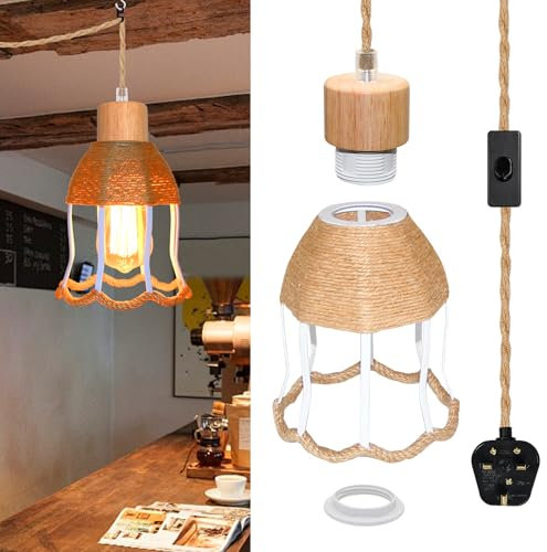 Hemp Rope Plug in Pendant Light Cord Kit, E27 Base, 5M Lamp Cable with Switch and White Flower Shaped Lampshade, Plug in Ceiling Light Fitting, Industrial Hanging Light Cord for Home Decoration