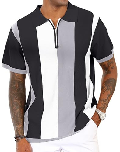 CTU Men's Fashion Polo Shirts Vintage Striped Knitting Golf Shirts | Elegant Smart Lapel, Vintage Polo Shirts with Striped Pattern Short Sleeve, Casual and Busniess Style