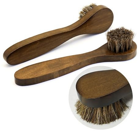 2 Pieces Shoe Brush Set, Shoe Polish Brush Horse Hair Brushes | Premium Soft Polish Applicator Brushes Kit with Long Wooden Handle | Shine Brushes Anti-Slip For Leather Boots, Shoes, Car Seats, Sofas