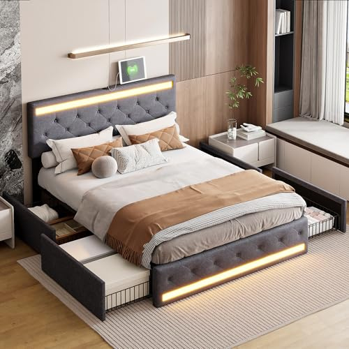 Vadderad dubbelsäng 180 x 200 cm med LED och USB & Type-C, Förvaringssäng med 4 lådor och justerbart huvudgavel, Lettosstruktur med ribbotten, linne, utan madrass (grå, 180 x 200 cm)