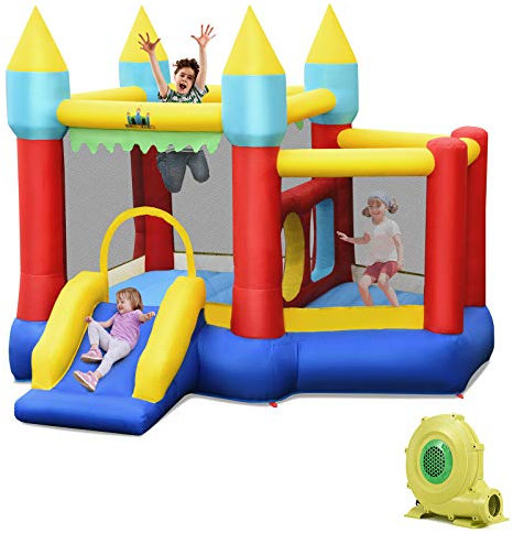 COSTWAY Castello Gonfiabile Per Bambini, con Scivolo, 100 Palline, Borsa di Trasporto e Kit di Riparazione, per 3 Bambini 3-10 anni, Regalo Perfetto per Bambini (con Soffiatore 450W)