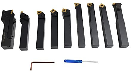 MEELRYD Lot de 9 burins de tournage, diamètre de la tige de 20 mm, plaques de coupe réversibles en carbure de tungstène, outils lathe outils, accessoires de tour pour tours