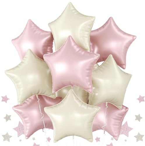 Biapian Baby Pink Star Foil Balloons, 10PCS Light Pink Cream White Foil Stars Shape Balloon, 18 Inch Stars Balloons for Helium Pentagram Balloon for Girls Birthday, Baby Shower Party Decoration