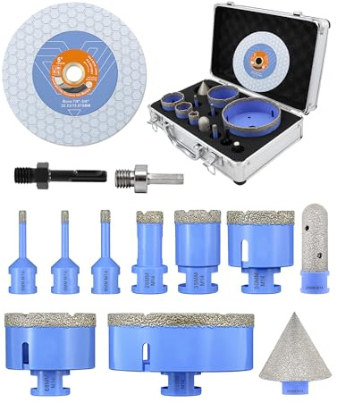 QUEFORET Punte Diamantate Gres Porcellanato 13 Pezzi - 6/6/8/20/35/50/68/110mm x M14 Tazze Diamantate, 20mm Fresa, 50mm Punta Smusso, Adattatori, 125mm Disco Diamantato per Piastrelle Ceramica Marmo