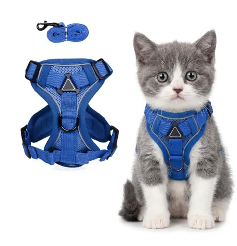 Kitten Harness and Lead set, Adjustable Reflective Leash and Harness set for Small Cat, Comfortable Breathable Escape Proof Pet Vest Strap for Outdoor Walking Travel Blue S
