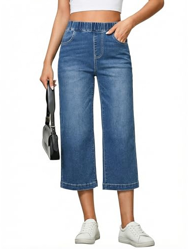 Vetinee Women's Wide Leg Elasticated Waist Jeans Baggy Stretch Cropped Jeans