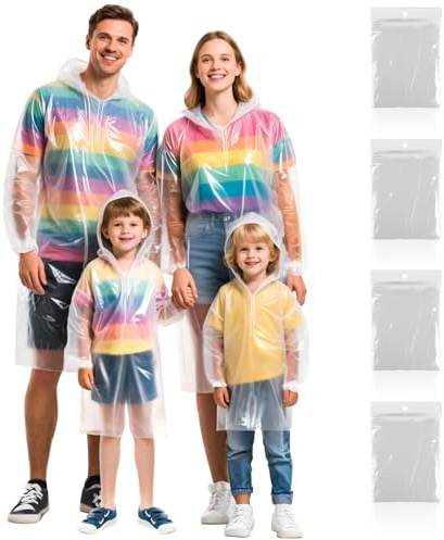 JuanYi Rain Ponchos for Adults/Kids/Family 4 Pack Thicker Disposable Poncho | Disposable Rain Ponchos for Adults Kids, Emergency Raincoats in Pocket Size Poncho with Hood for Theme Park/Fishing/Camping