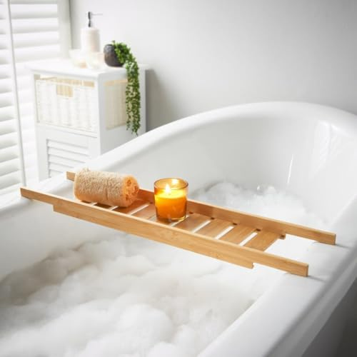 AJ Bath Shelf Over Top Bath, Premium Quality Bamboo Bath Caddy Tray, Wooden Bath Table Organiser for Candles, Wine Glass, Books, Natural Romantic Feel Love