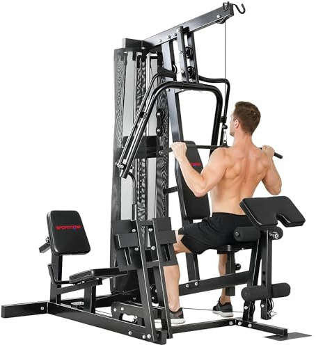 SPORTNOW Kraftstation Fitnessstation mit Latzug Butterflystange 65kg Gewichten Seil Beinpresse Multifunktion Krafttraining bis zu 120kg belastbar Fitnessgerät Trainingsstation für Zuhause