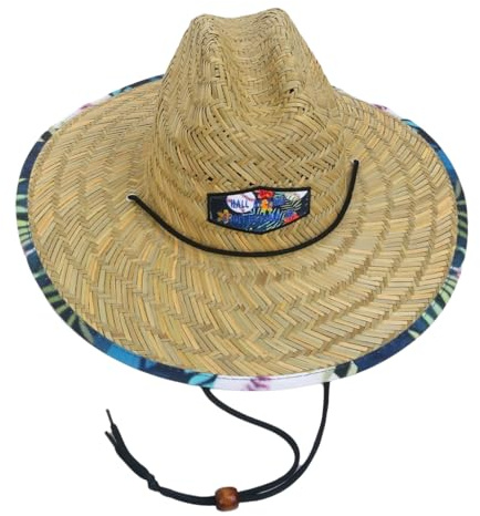 HGYBDFC Sombrero de Paja Sol Borde Ancho Los Hombres Estilo Salvavidas Playa Verano Panamá Jardinería Al Aire Libre Gorra Pesca con Decoración Parche Cuerda Viento-a-56-58cm
