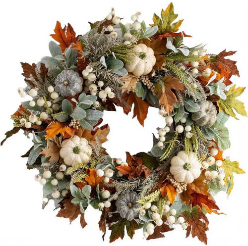 Fall Wreath for Front Door, 40cm Autumn Wreath with Maple Leaf, Pumpkins, Berries, White Artificial Pumpkins Wreath, Door Wreaths for Farmhouse, Thanksgiving, Garden, Wall, Window Decor
