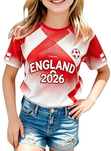 2026 Kids Girls Football England 2026 T-Shirt Casual Classic Jersey England Flag Design Perfect Short Sleeve Crew Neck Sport Tops for Football Fans Comfortable Fit
