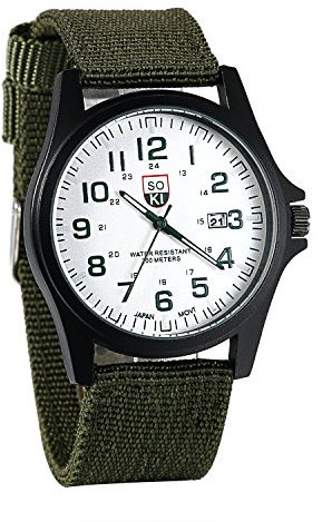 JewelryWe Herrenuhr Nylon Militär Uhr: 12/24H Analog Quarz Armbanduhr Herren Grün Canvas Stoff Textil Armband Taktische Outdoor Uhr Felduhr mit großen Zahlen