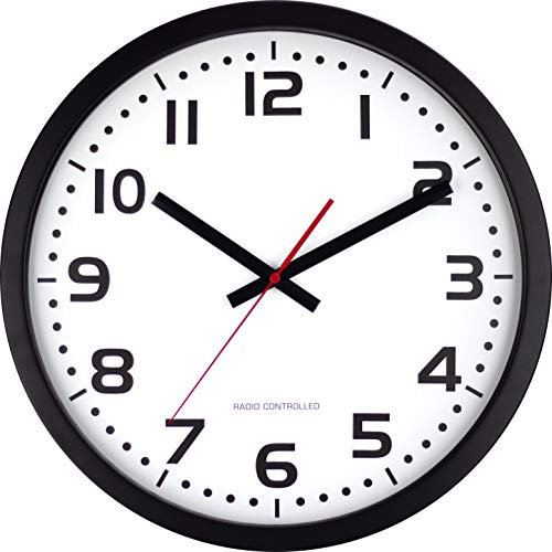 Eurotime Funkwanduhr, 40 cm, Metallrahmen Schwarz, Echtglas, klares 12-Zahlen Zifferblatt, automatische Zeitein- und Zeitumstellung, für Wohnbereich oder Büro, rote Sekunde, nur für Innen, 59990-05