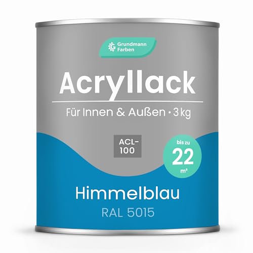 Grundmann Acryllack ACL 100 - Blau 3 Kg - 4in1 Lack inkl. Grundierung - Innen und Außen - Für Holz, Metall, Stein & Kunststoff - Himmelblau RAL 5015