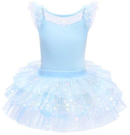 IWEMEK Filles Ballet Danse Justaucorps avec Jupe Tenues Manches À Volants Dos Nu Bowknot Tiered Tutu Robe Ballerine Costume Gymnastique Patinage Enfants Dancewear Bleu 9-10 Ans