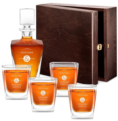Maverton decanter per whisky + 4/6 bicchieri con incisione - In vetro - Caraffa da 800 ml - Incisione personalizzata - Set per il whisky in cristallo per anniversario - Affetto