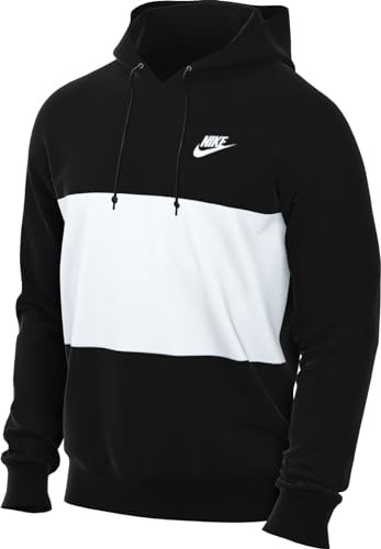 NIKE Men's Club French Terry Black White Men's Hooded Sweatshirt Size L