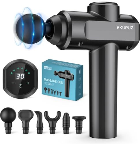 Massagepistole, EKUPUZ Massage Gun mit 30 Geschwindigkeiten 6 Massageköpfen Massage Pistole Muskel Massagegerät und USB C Ladeanschluss Massagepistolen für Schulter Nacken Rücken Entspannung