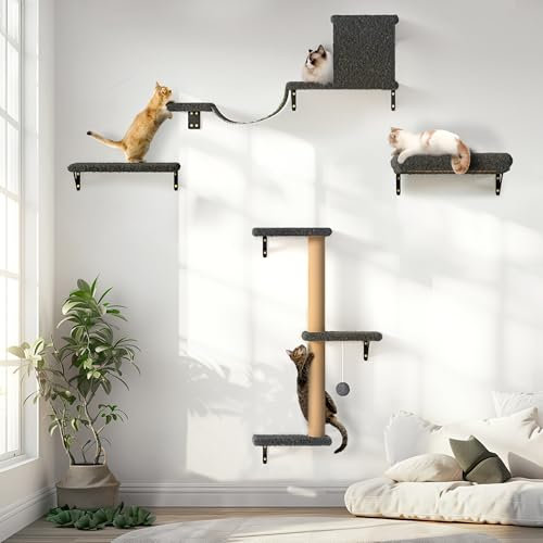 FUKUMARU Kletterwand Katzen Set, 10-teilig Katzen Kletterwand Set, aus robuster Multiplexplatte，Hängematte Katze mit Katzenhaus, Katzenbrücke, Katzenbaum, Katzentreppe bis zu 18 kg, Grau