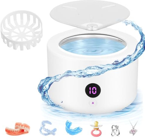 Pulitore ad ultrasuoni per protesi, dispositivo di pulizia ad ultrasuoni da 200 ml, macchina per pulizia ad ultrasuoni portatile da 45 KHz, detergente per gioielli con 4 modalità di pulizia(Bianco)