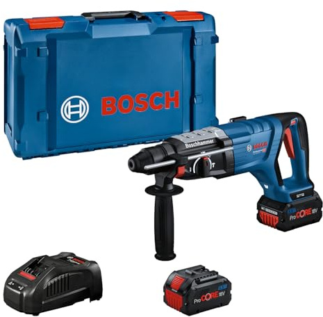 Bosch Professional 18V System sladdlös borrhammare GBH 18V-28 D (KickBack Control, inkl. 2 x GBA 18V 5.5Ah-batterier, laddare GAL 1880, rengöringsduk, stödhandtag, djupanslag, XL-BOXX)