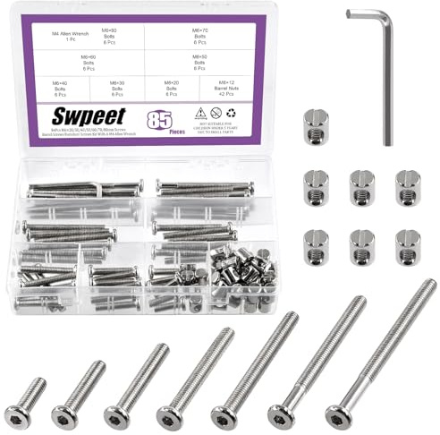 Swpeet Set di viti nichelate M6 20/30/40/50/60/70/80 mm, con 1 chiave a brugola, ideale per mobili, lettini, presepe hardware